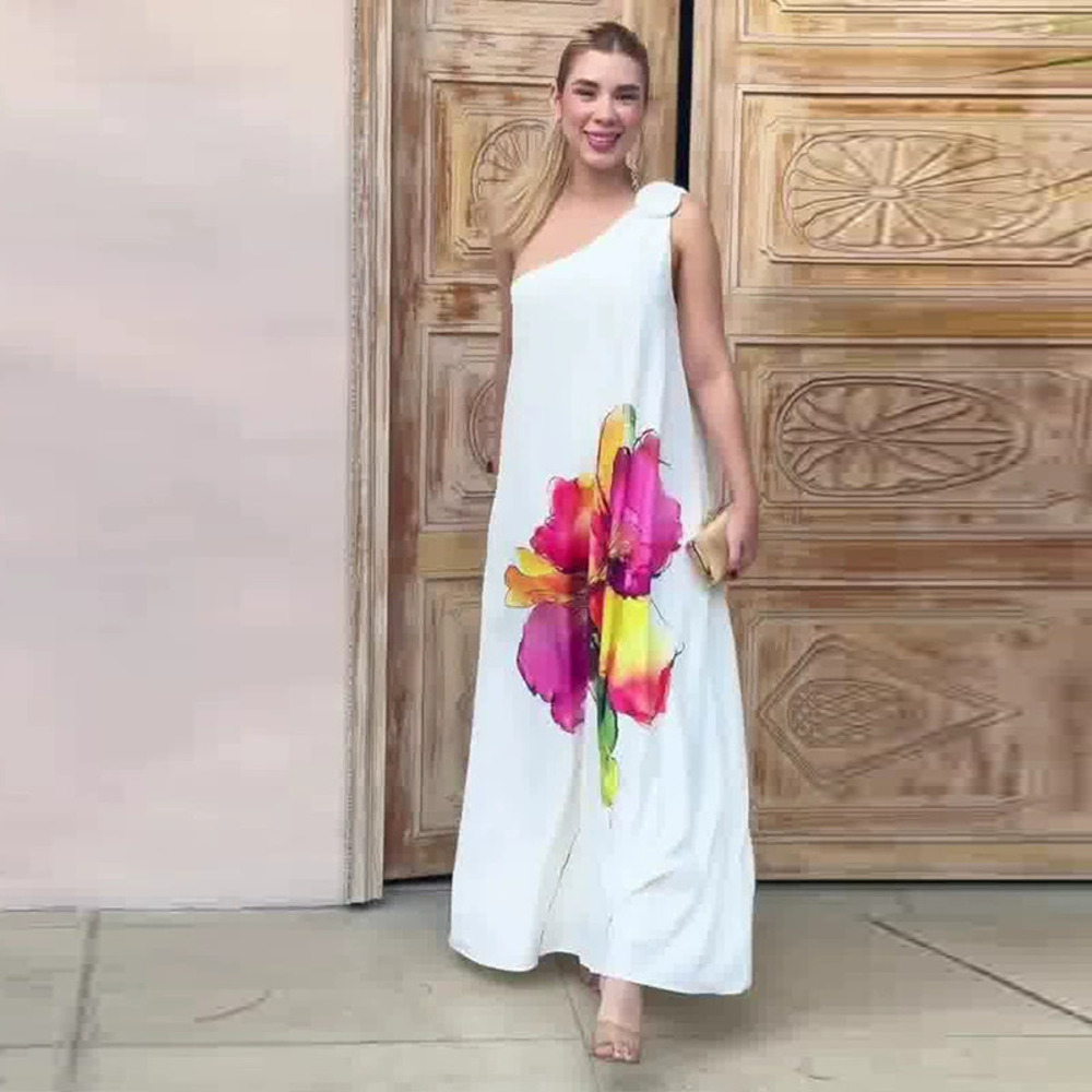 Forever 21 White Printed Oversized Sleeveless Long Dress Asymmetric Neckline